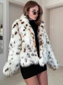 Jesienno-zimowy damski płaszcz z dużym kołnierzem, łatami i nadrukiem w panterkę, ze sztucznego futra, chroniący przed zimnem.