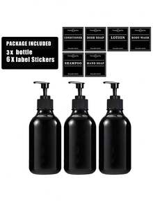 WCIC （瓶子壁挂式 6 个标签）-现代亮面黑色 16.9 盎司可再填充淋浴皂液器，带黑色泵，洗发水和护发素分配器瓶套装，适用于淋浴墙 - 打孔安装淋浴皂液器壁挂式，带防水标签，适用于厨房浴室酒店必需品 - 彩色 - 查看 16