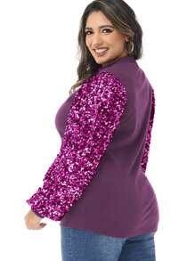 Women's Plus Size Sparkle Sequin Sweatshirt Mock Neck Pullover Long Sleeve Glitter Party Tops - 紫色 - 查看 2