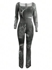 Women's Tie-Dye Square Neck Long Sleeve Sexy Mesh Bodysuit - Dark Grey - View 4