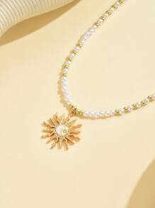 1pc Tassel Pearl Beaded Sun Moon Pendant Necklace, Unique Design Jewelry For Women Everyday & Party Wear - Imitation Pearl - View 5