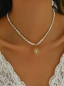 1pc Tassel Pearl Beaded Sun Moon Pendant Necklace, Unique Design Jewelry For Women Everyday & Party Wear - Imitation Pearl - View 3