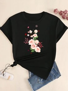 Cotton T-Shirt Floral Nature Art Comfort Printed Short Sleeve T-Shirt - 黑色 - 查看 1