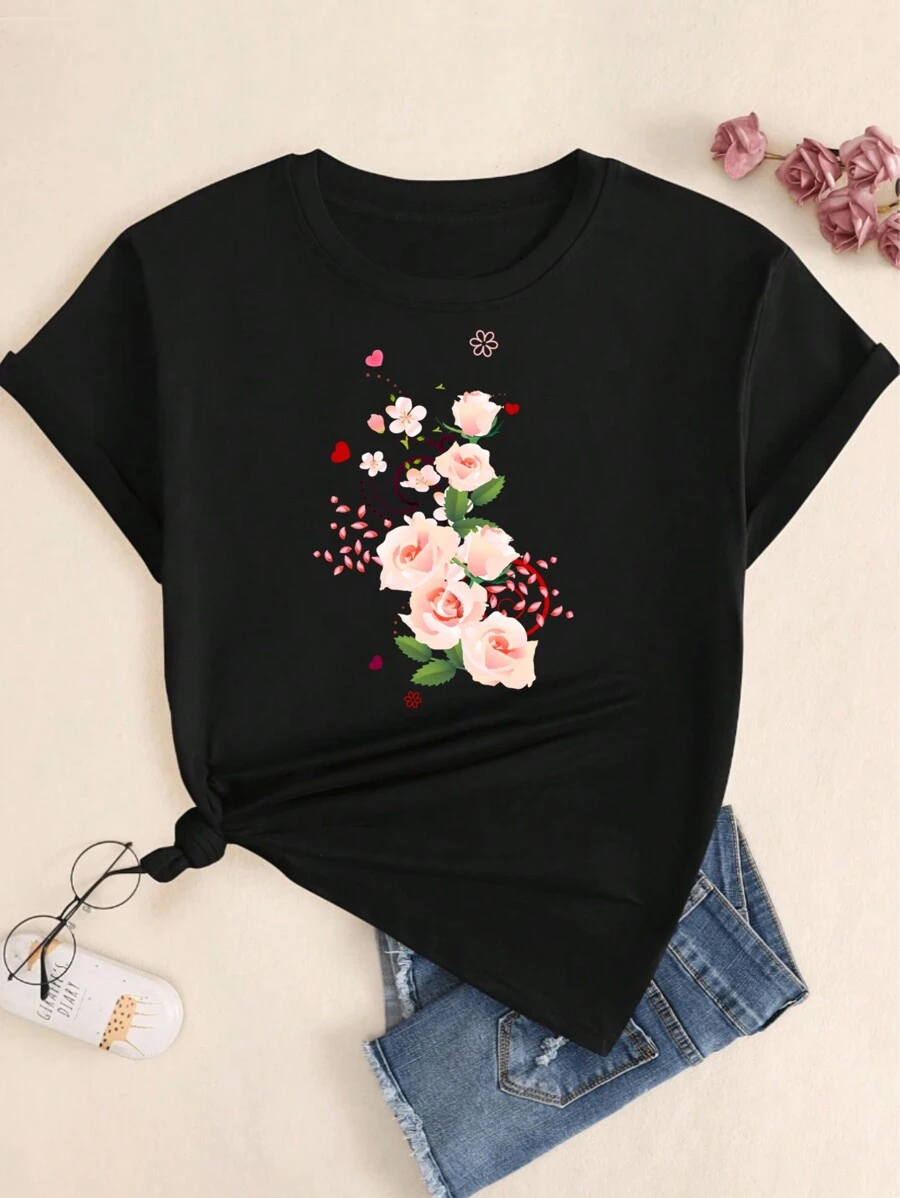 Cotton T-Shirt Floral Nature Art Comfort Printed Short Sleeve T-Shirt - 黑色 - 查看 1