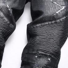 Pantalones vaqueros ajustados para hombres con roturas, pantalones vaqueros ajustados de motorista de moda con estiramiento, pantalones vaqueros de denim con diseño de moto - Negro - Ver 3