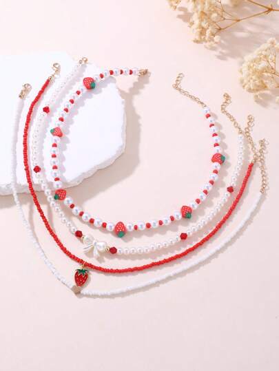 4pcs/Set Fashionable Sweet Faux Pearl Bead, Bow, Strawberry, Heart Decor Necklace Set, Adorable Friend Party Accessories For Girls