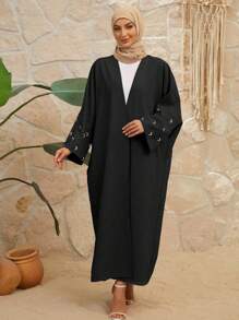 Abaya modesta de manga larga con bordado de luna para mujeres