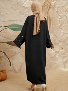 Abaya modesta de manga larga con bordado de luna para mujeres