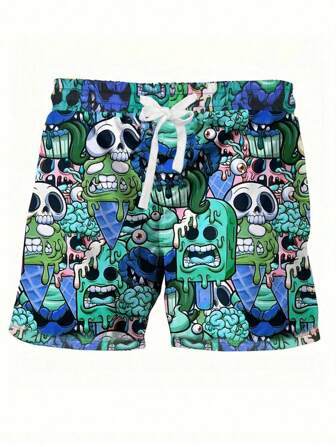 Men's Cartoon Print Drawstring Waist Loose Beach Shorts,Hawaiian