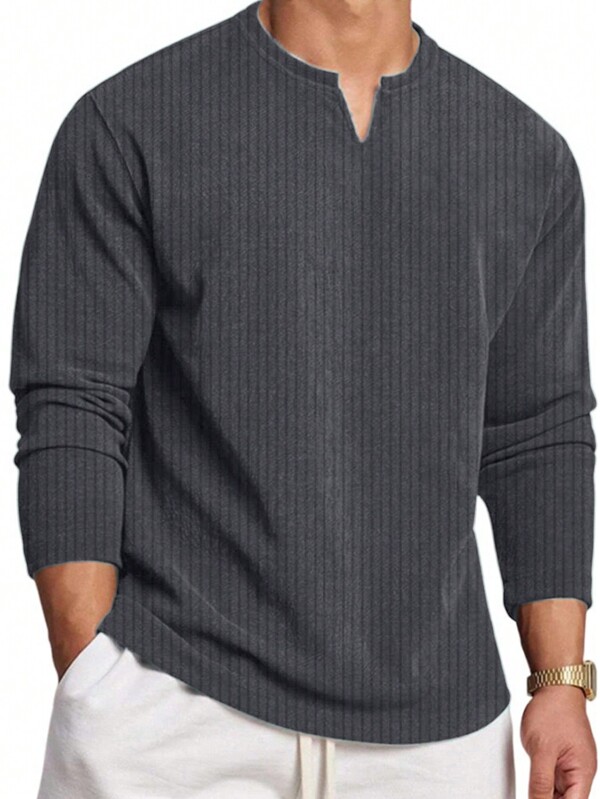 Camicia polo a maniche lunghe da uomo, slim fit, scollo a V, in colore tinta unita, con texture vintage e aspetto di vecchia moneta, casual e versatile per tutte le stagioni