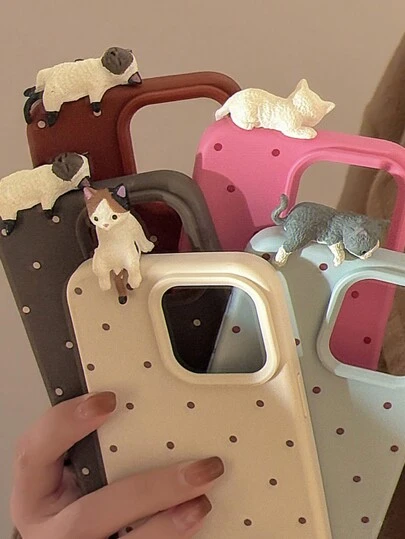 GUCADI 1pc Rose Pink Label Red Wave + Minimalist 3D Cat Dot + 3D Cute Cat Lying Soft Feeling Protective Phone Case Compatible With Apple IPhone 16/15/14/13/12 Series