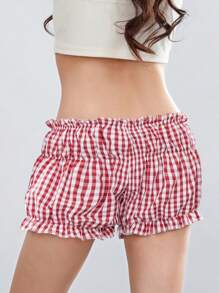 Women Summer Ruffled Shorts Casual Plaid Print Elastic Waist Short Pants For Beach Nightclub Streetwear - Red - View 6