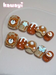 10 件/包短方形和圆形可爱动物系列手绘咖啡色和米色 3D 美甲贴纸，包括熊和蝴蝶，手工制作的指甲贴，适合日常佩戴且可重复使用 - 棕色 - 查看 2