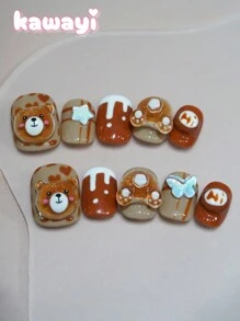 10 件/包短方形和圆形可爱动物系列手绘咖啡色和米色 3D 美甲贴纸，包括熊和蝴蝶，手工制作的指甲贴，适合日常佩戴且可重复使用 - 棕色 - 查看 3