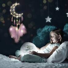 Handmade Dreamcatcher With Moon Design, Multiple Colors, Luminous Gift Suitable For Various Occasions, Feminine Dreamlike Bedroom Decor Decoration Home Decor, Room Decor, Wall Decor E-I-D - Blue - View 5