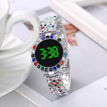 2024 时尚女士手表，镶嵌闪亮水钻，LED 触摸屏，时尚设计，节日礼物，锌合金表壳 - 銀色 - 查看 2