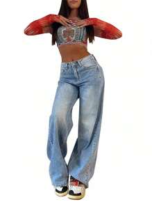 Womens High Rise Boyfriend Jeans Vintage Wide Leg Loose Denim Pants Washed Jeans With Pockets - Blue - View 2