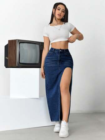 女士简约纯色日常穿搭开衩牛仔半身裙