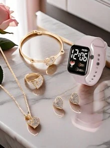 Fashionable 6 Pieces Rhinestone Jewelry Set, Women Pink PVC Strap Stylish Square Dial Digital Watch And Heart Rhinestone Jewelry Necklace/Suitable For Daily Wear, Valentine's Day Gift