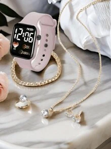 Fashionable 6 Pieces Rhinestone Jewelry Set, Women Pink PVC Strap Stylish Square Dial Digital Watch And Heart Rhinestone Jewelry Necklace/Suitable For Daily Wear, Valentine's Day Gift