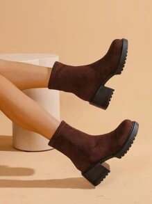 Women's Coffee Brown Thick Heel Slip On Outdoor Ankle Boots, New Suede High Heel Platform Simplistic Elegant Boots