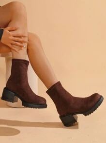 Women's Coffee Brown Thick Heel Slip On Outdoor Ankle Boots, New Suede High Heel Platform Simplistic Elegant Boots