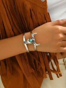 1 chiếc vòng tay dạng lắc tay có thể mở được trang trí hình đầu bò theo phong cách phương Tây cổ điển dành cho nữ - Màu Bạc Cổ - Xem 1