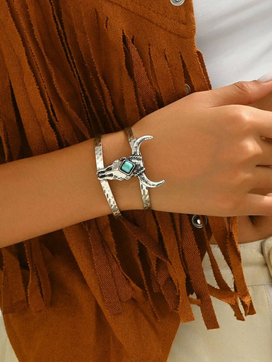 1 chiếc vòng tay dạng lắc tay có thể mở được trang trí hình đầu bò theo phong cách phương Tây cổ điển dành cho nữ - Màu Bạc Cổ - Xem 1