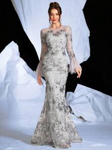 Elegant Formal Ball Gown Long Dress, Fitted Trumpet Sleeve For Women, Party Dress, Wedding Guest Dress, Evening Dress - Grey - View 7