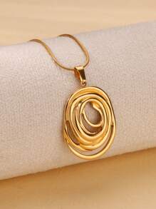 1件装时尚几何椭圆项链，女士不锈钢18K镀金椭圆吊坠项链，派对婚礼首饰礼品 - 彩色 - 查看 3