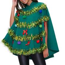 Christmas Tree Poncho Costume Adults Bow Ball Decor Hooded Cloak Cape Party Prop For Cosplay Party - Green - View 1