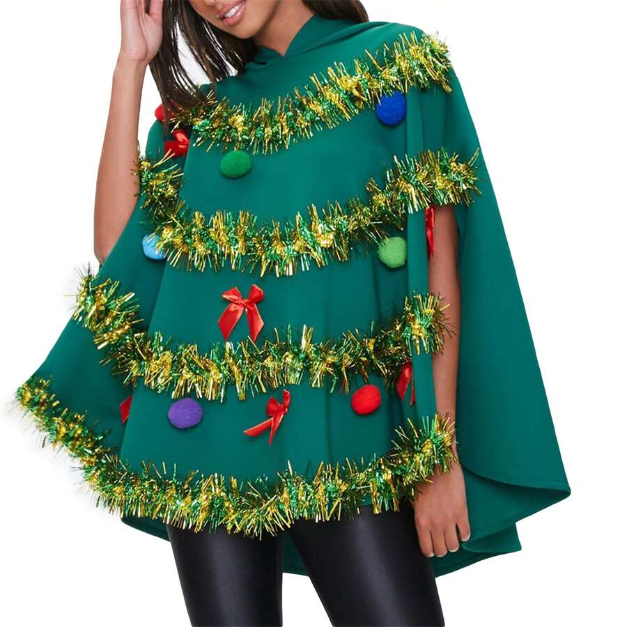Christmas Tree Poncho Costume Adults Bow Ball Decor Hooded Cloak Cape Party Prop For Cosplay Party - Green - View 1