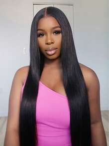 Peluca de cabello humano con encaje frontal, cabello humano liso con pelo de bebé, densidad de 150%, peluca de encaje frontal 13x6 con cabello humano, peluca frontal previamente desgastada, 100% cabello humano - Natural Black - Ver 2