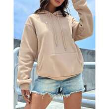 Women's Plain Hooded Kangaroo Sweatshirt Cold Weather Blouse Coat Winter Premium Sweatshirt - 卡其色 - 查看 1