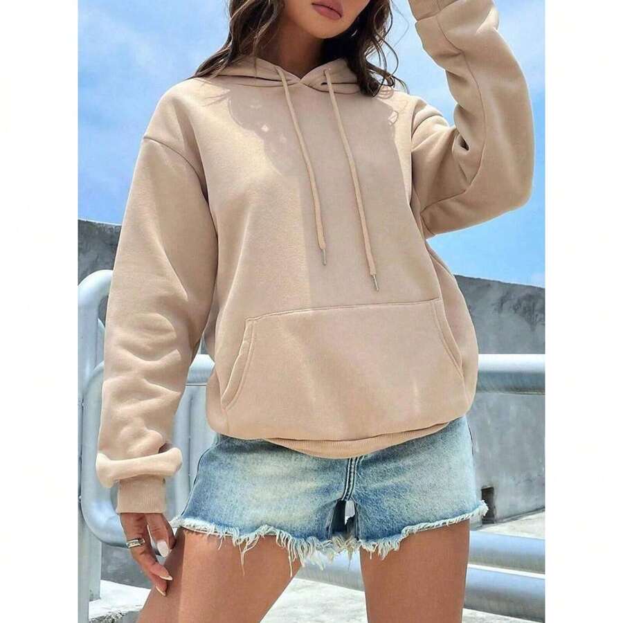 Women's Plain Hooded Kangaroo Sweatshirt Cold Weather Blouse Coat Winter Premium Sweatshirt - 卡其色 - 查看 1