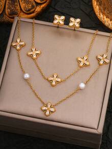 4 件套锁骨链、手链、耳环组合、人造珍珠配锆石、奢华珠宝套装 - 套裝 - 查看 2