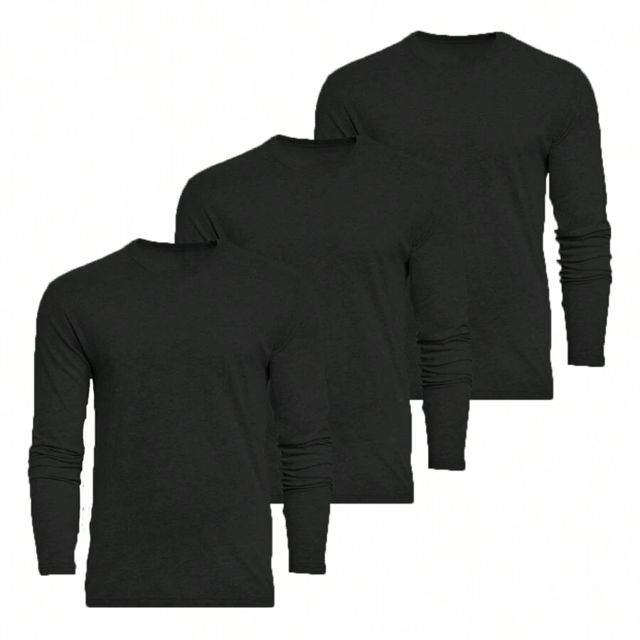 Kit 3 Slim Long Sleeve T-Shirts Daily Comfort Cotton - 黑色 - 查看 1