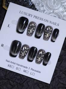 Black Glossy Cat'S Eye Bling Bling Manual Nails With Rhinestones Nail Decoration 100% Handmade Press On Nails 10Pcs Short Coffin Ballet Fake Nail Tips Reusable Nail Stickers For Daily Use And Party Nail Art Design Nail Supplies Nails