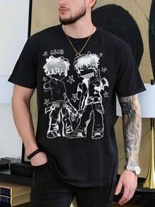 Old-Fashioned Retro Y2K Cartoon Character Printed Men's Cotton Short-Sleeved T-Shirt 190gsm - 黑色 - 查看 2
