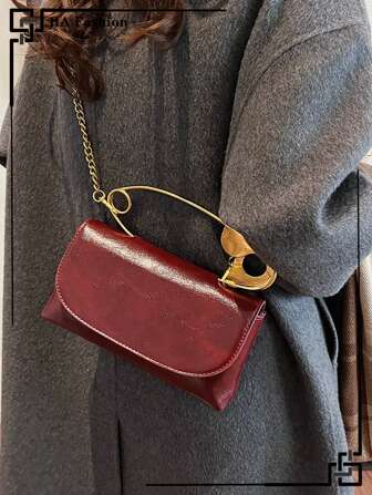 Retro Burgundy Color Shoulder Bag, Unique Large Brooch Handbag, Burgundy Versatile Crossbody Bag For Women, Suitable For Daily Office Use, Fashionable Burgundy Bag , Red Bag