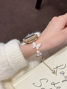 1pc Luxury Shiny Faux Pearl Pink Butterfly Metal Watch Bracelet Compatible With Apple Watch Band Series 11 10 9 8 7 6 5 4 3 2 1 38mm 40mm 41mm 42mm 44mm 45mm 46mm 49mm Ultra 1/2/3 SE Wristband Replacement For Strap,Best Gift For Birthday,Valentine's Day,Mother's Day To Girlfriend,Mother(Only Watch Band)