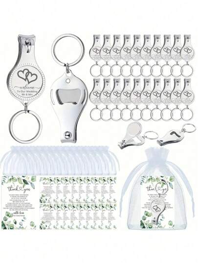30st(10set) / 15ST(5set) Bröllopsflerfunktionsflasköppnare Nagelklippare Bröllopsfavoritkort Vita organzapåsar för festtillbehör Presentsouvenirgäster Män Kvinnor