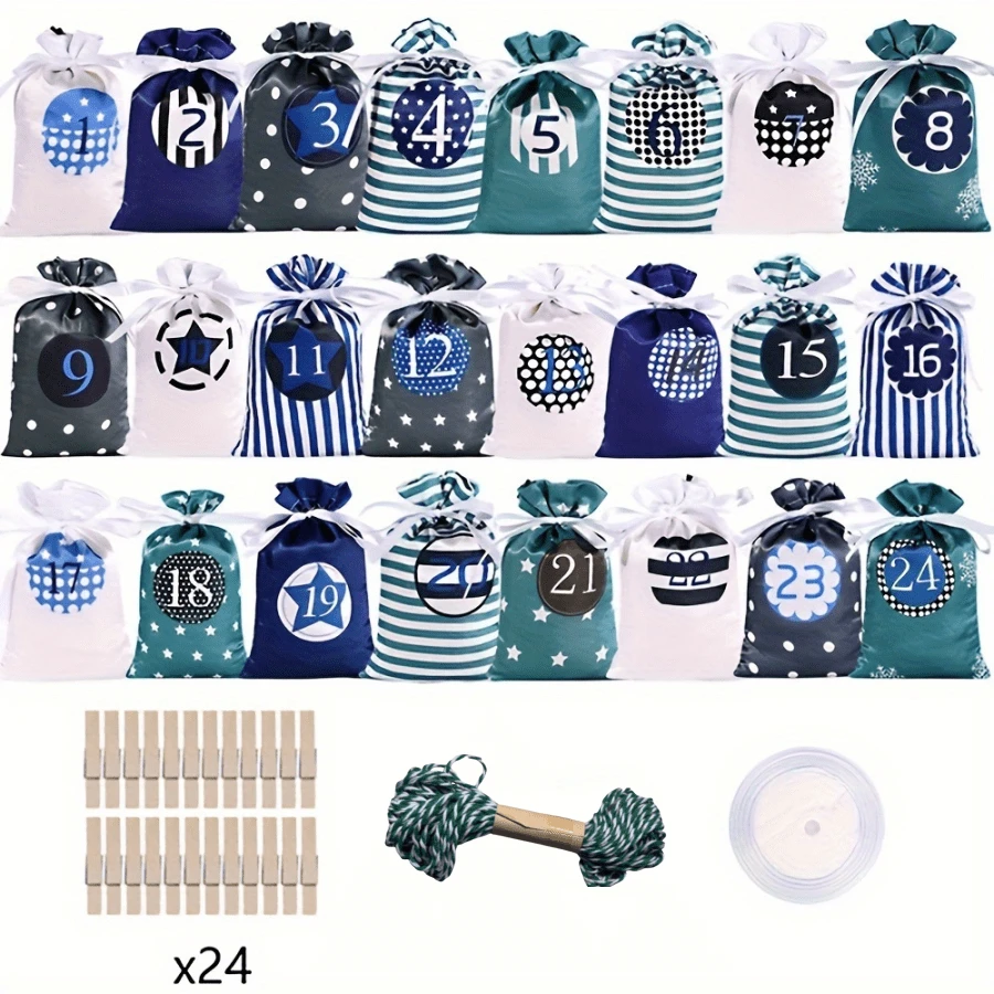 24 peças, calendário de advento de Natal, sacolas de Natal com fita de