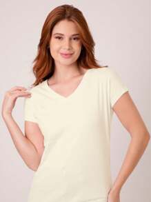 Kit Of 3 Women's Slim Babylook Cotton V-Neck Blouses - Black, Pink And White - Màu be - Xem 7