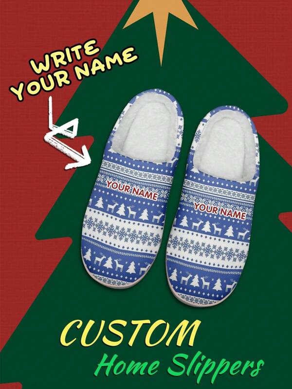 Men's Custom Name Home Slippers, Blue Christmas Designed Lightweight Comfortable Soft Bottom Home Slippers For Men, Personalized Christmas Gift For Mom/Dad/Her/Him/Girlfriend/Boyfriend/Wife/Husband/Friend