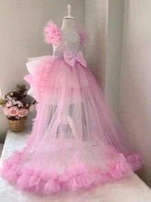 年轻女孩蝴蝶结亮片网眼拼布拖尾圣诞优雅派对礼服，公主裙适合女孩生日派对、婚礼、宴会、正式场合、花童婚纱、节日庆祝礼服 - 淺粉色 - 查看 4