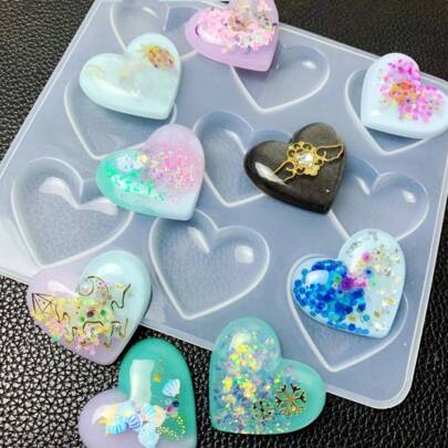 9 Cavity Heart Shaped Crystal Epoxy Resin Mold, Silicone Mirror Finish DIY Jewelry Pendant Mold