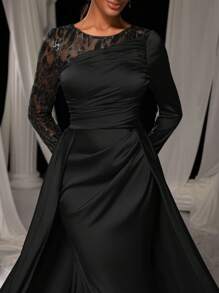 Faeriesty Elegant Asymmetrical Satin Floor-Length Mermaid Formal Dresses With Floral Sequin Long Sleeve & Back Embroidery – Ideal For Weddings, Black Tie Affairs, Formal Award Shows, Red Carpet Galas - Black - View 7