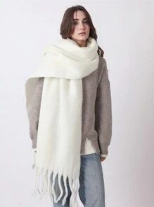 1pc Multi-Colored Women's Solid Plush White Scarf, Thickened Imitation Cashmere, Winter, With Tassels, Soft, Elegant, Fluffy, Slouchy, Romantic, Perfect Gift For Girlfriend Accessories Women