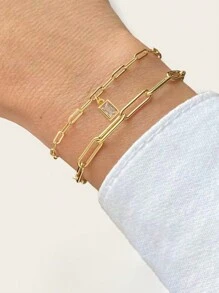 Nooxian 2 件/套时尚金色星形/心形/方形/心形方晶锆石吊坠双层手链，奢华金属手链套装 - 金黃色 - 查看 5